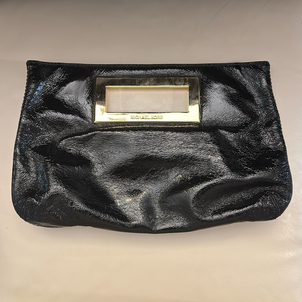 Michael Kors Black Patent Gold Hardware Pouch Clutch Handbag Purse